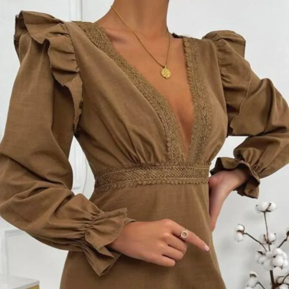 BOHO DOLLZ Plunging Neckline Mini Dress brown - Picture 5 of 6